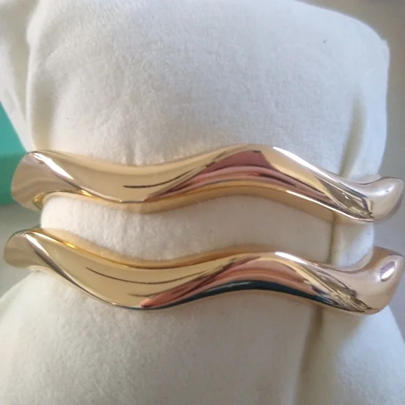 Gold Wavy Bangle Bracelets, Set of 2 - Picture 2 of 5